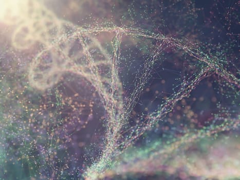 3D illustration. Dna helix connected by nodes and connections colored.