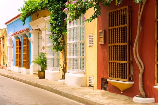 Street view of beautiful colonial houses in the historic downtown of Cartagena, Colombia