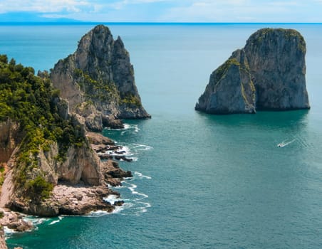 View from a cliff on the island of Capri, Italy, and rocks in the sea
