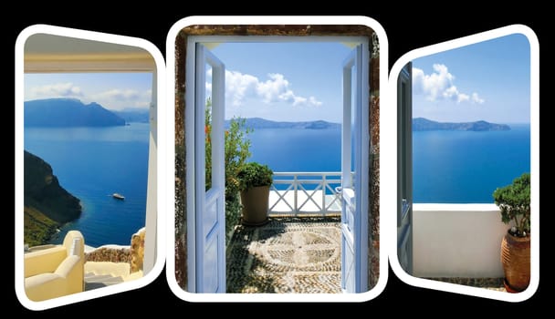 The open gate and stairs, leading to a sea. The set from views in Oia, Santorini, Greece