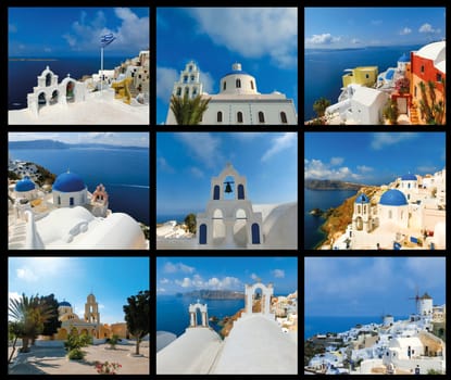 The collage of scenic views of traditional cycladic white houses and blue domes in Oia village, Santorini island, Greece