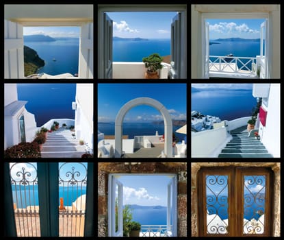 The open gate and stairs, leading to a sea. The set from views in Oia, Santorini, Greece