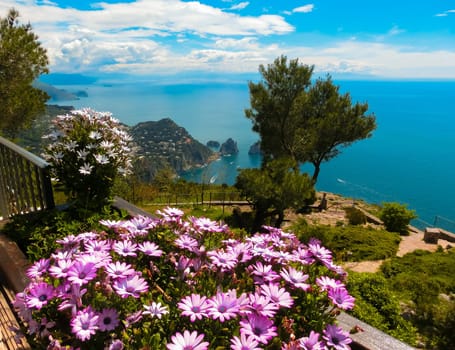 View from a cliff on the island of Capri, Italy, and rocks in the sea
