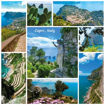 Collage from views of Capri, beautiful and famous island in the Mediterranean Sea Coast, Naples. Italy.