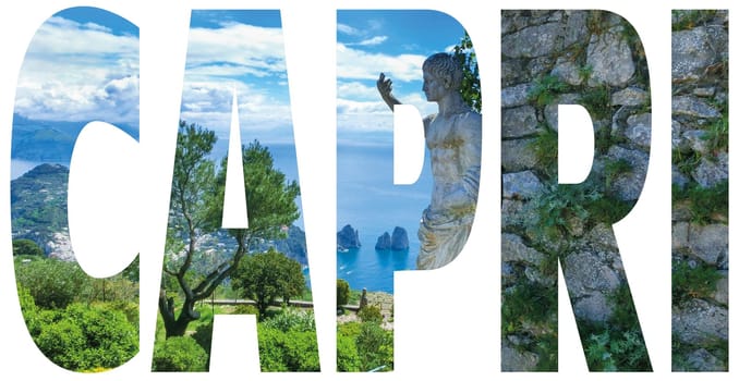 Capri island, Italy.Capri is an island in the Tyrrhenian Sea near Naples. Capri - island name sign with photo in background
