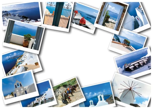 View to the sea from Oia the most beautiful village of Santorini island in Greece. collage