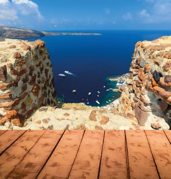 View to the sea from Oia the most beautiful village of Santorini island in Greece