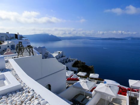 View to the sea from Oia the most beautiful village of Santorini island in Greece