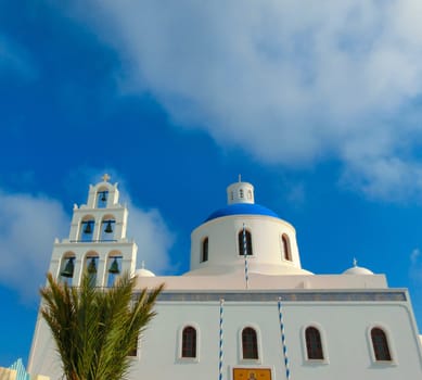 View of  old church in Oia the most beautiful village of Santorini island in Greece