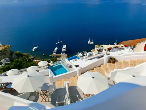 View to the sea from Oia the most beautiful village of Santorini island in Greece