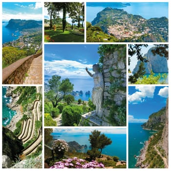 Collage from views of Capri, beautiful and famous island in the Mediterranean Sea Coast, Naples. Italy.