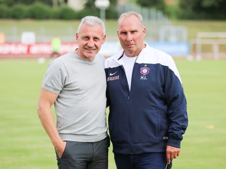 Head coach Pavel Dotchev and president Helge Leonhardt ( both FC Erzgebirge Aue 2.Bundesliga season 2016-17 ) at the friendly match FC Erzgebirge Aue - Hannover 96 on 27.7.2016 in the Friedensstadion Halberstadt