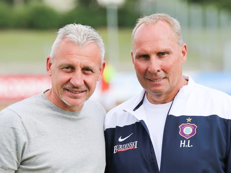 Head coach Pavel Dotchev and president Helge Leonhardt ( both FC Erzgebirge Aue 2.Bundesliga season 2016-17 ) at the friendly match FC Erzgebirge Aue - Hannover 96 on 27.7.2016 in the Friedensstadion Halberstadt