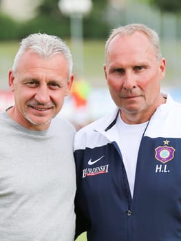 Head coach Pavel Dotchev and president Helge Leonhardt ( both FC Erzgebirge Aue 2.Bundesliga season 2016-17 ) at the friendly match FC Erzgebirge Aue - Hannover 96 on 27.7.2016 in the Friedensstadion Halberstadt
