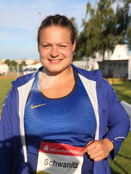 German shot putter Christina Schwanitz (LV 90 Erzgebirge) at the Schönebecker SoleCup 2016 in Schönebeck/Elbe