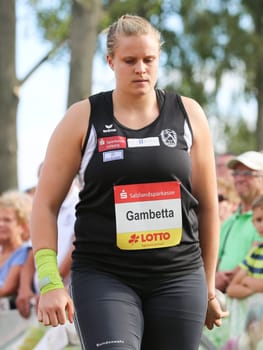 German shot putter Sara Gambetta ( SC DHfK Leipzig) at the Schönebecker SoleCup 2016 in Schönebeck/Elbe