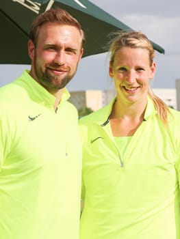 German discus thrower Robert Harting and girlfriend discus thrower Julia Fischer (both SCC Berlin) at the Schönebecker SoleCup 2016 in Schönebeck/Elbe
