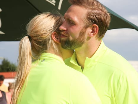 German discus thrower Robert Harting and girlfriend discus thrower Julia Fischer (both SCC Berlin) at the Schönebecker SoleCup 2016 in Schönebeck/Elbe