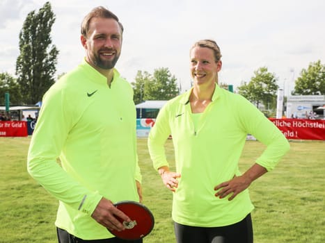 German discus thrower Robert Harting and girlfriend discus thrower Julia Fischer (both SCC Berlin) at the Schönebecker SoleCup 2016 in Schönebeck/Elbe