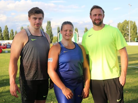 German shot putter David Storl (SC DHfK Leipzig),German shot putter Christina Schwanitz (LV 90 Erzgebirge) and discus thrower Robert Harting (SCC Berlin) at the Schönebecker SoleCup 2016 in Schönebeck/Elbe