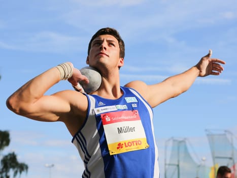 German shot putter Patrick Müller (SC Neubrandenburg) at the Schönebecker SoleCup 2016 in Schönebeck/Elbe