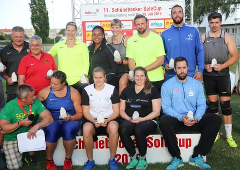 DLV German discus thrower and shot putter team with coach for the 2016 Olympics in Rio at the Schönebecker SoleCup 2016 in Schönebeck/Elbe
