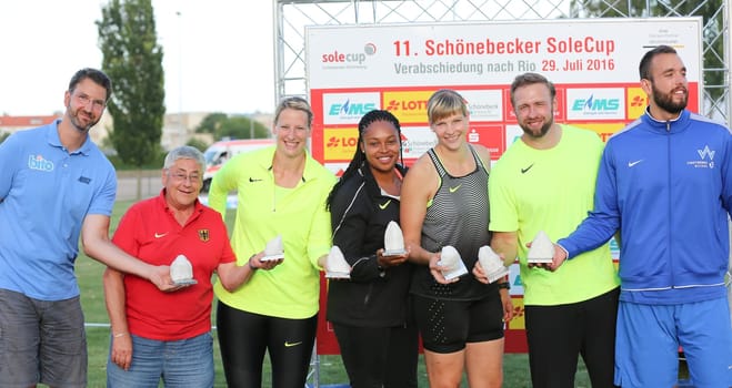 DLV German discus thrower team with coach for the 2016 Olympics in Rio at the Schönebecker SoleCup 2016 in Schönebeck/Elbe