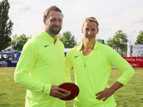 German discus thrower Robert Harting and girlfriend discus thrower Julia Fischer (both SCC Berlin) at the Schönebecker SoleCup 2016 in Schönebeck/Elbe