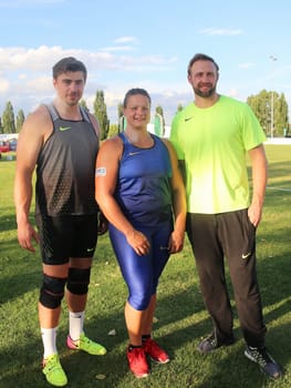 German shot putter David Storl (SC DHfK Leipzig),German shot putter Christina Schwanitz (LV 90 Erzgebirge) and discus thrower Robert Harting (SCC Berlin) at the Schönebecker SoleCup 2016 in Schönebeck/Elbe