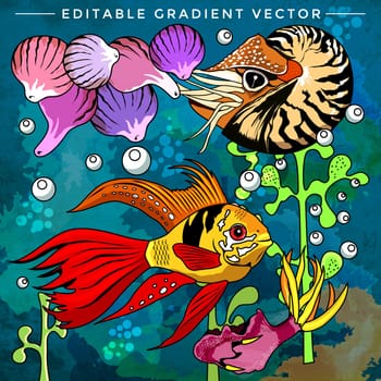 Fishes in aquarium. Bright colorful vector illustration.