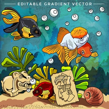 Fishes in aquarium. Bright colorful vector illustration.