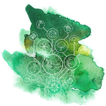 Ecology infographic elements and icons tree with aquarelle stain.
