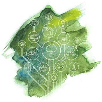 Ecology infographic elements and icons tree with aquarelle stain.
