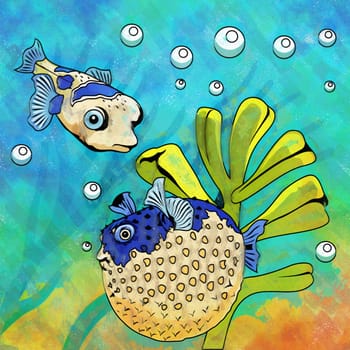 Fishes in aquarium. Bright colorful watercolor illustration.