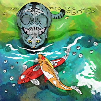 Fishes in aquarium. Bright colorful watercolor illustration.