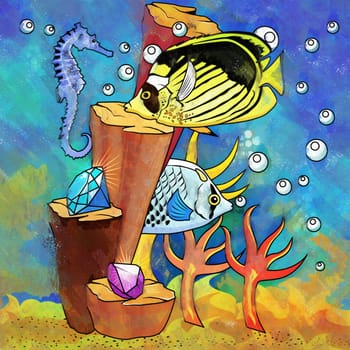 Fishes in aquarium. Bright colorful watercolor illustration.