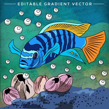 Fish in aquarium. Bright colorful vector illustration.