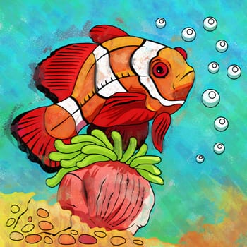 Fish in aquarium. Bright colorful watercolor illustration.