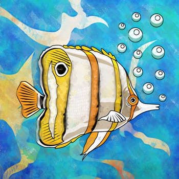 Fish in aquarium. Bright colorful watercolor illustration.