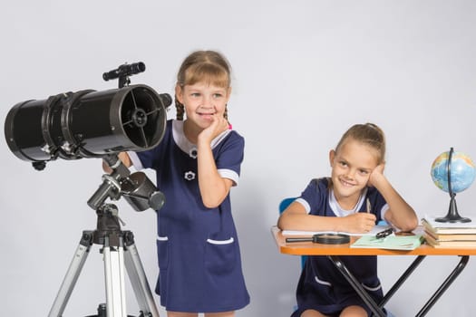 Two girls mysteriously astronomers thinking