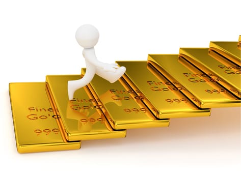 Small character running upstairs on a gold bars, aim high concept 3d rendering