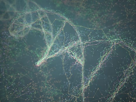 3D illustration. Dna helix connected by nodes and connections colored.