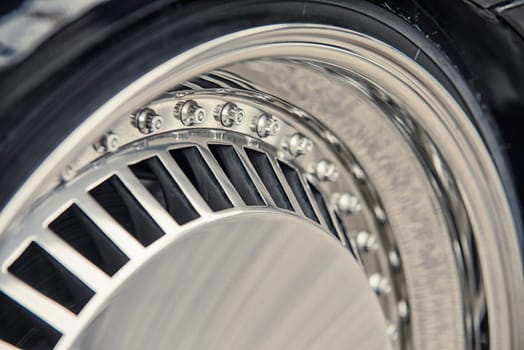 close-up of aluminum rim of luxury car wheel
