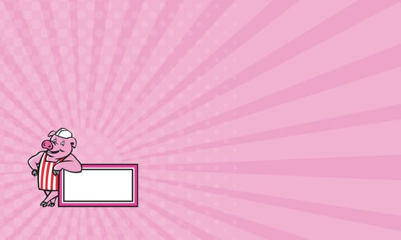 Business card showing illustration of a butcher pig standing leaning on a rectangle sign facing front set  on isolated white background done in cartoon style.