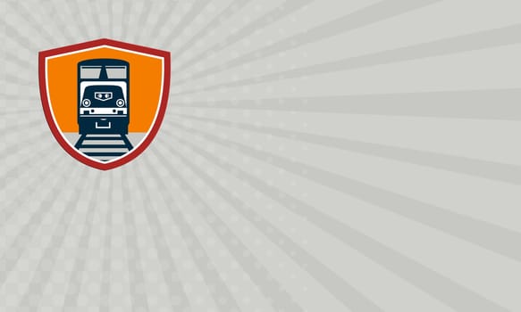 Business card showing illustration of a diesel freight train on rail track viewed from front set inside shield crest done in retro style.