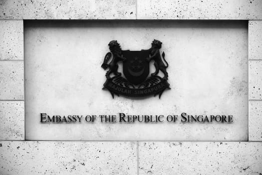 Berlin,Germany – June 21,2016: The entrance of the Embassy of the Republic of Singapore with a lettering and the state coat of arms on the façade on June 21,2016 in Berlin.