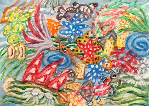 Underwater world abstract acrylic painting.