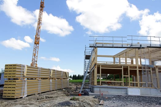 The new construction of a wooden house. Shell of a wooden house
