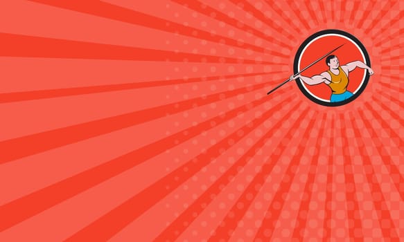 Business card showing illustration of a track and field athlete javelin throw viewed from side set inside circle on isolated background done in cartoon style.