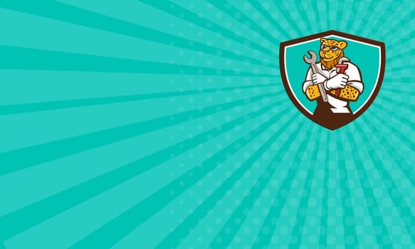 Business card showing illustration of a leopard mechanic holding spanner and monkey wrench with arms crossed viewed from front set inside shield crest on isolated background done in cartoon style.